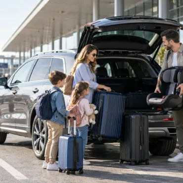 Porodica preuzima rent a car vozilo sa dečjim sedištem na Aerodromu Beograd