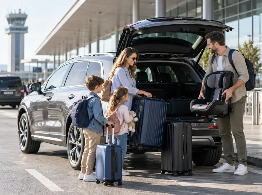 Porodica preuzima rent a car vozilo sa dečjim sedištem na Aerodromu Beograd